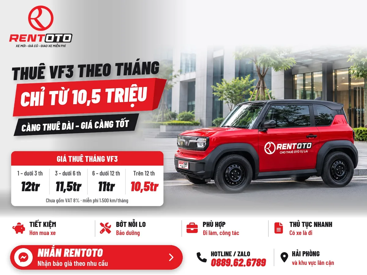 Giá thuê xe VF3 theo tháng tại Hải Phòng từ 10,5 triệu – Tự lái Rentoto